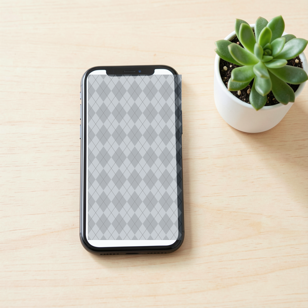 The Winter Hare argyle pattern shown at realistic scale in a desk scene
