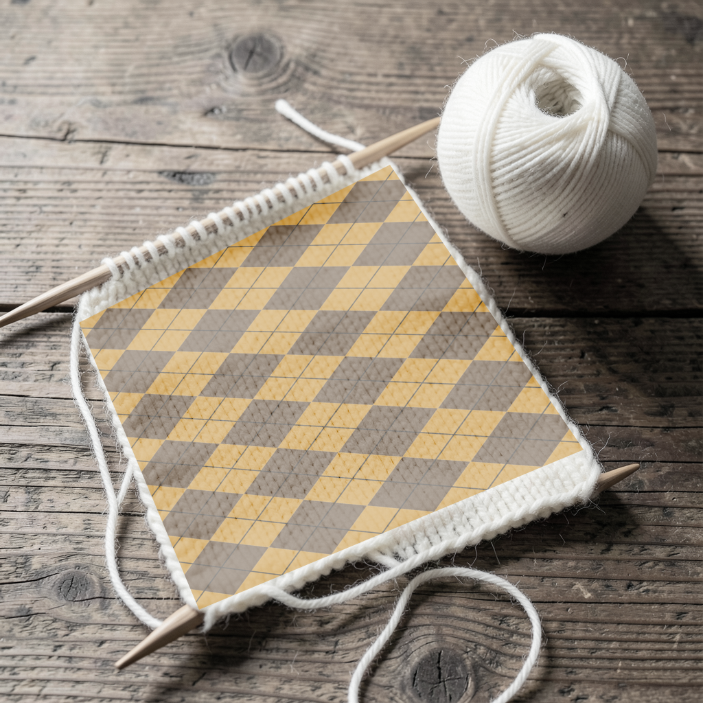 The Peat & Ochre argyle pattern shown at realistic scale in a knitting scene