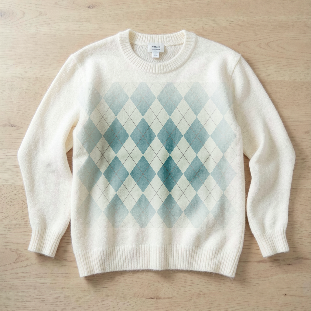 The Teal & Sand argyle pattern shown at realistic scale in a sweater scene